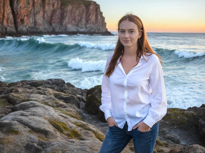 wide portrait photo of a caucasian woman with auburn hair standing on a rocky beach, wearing a white buttoned shirt and dark jeans, sea cliffs in the background