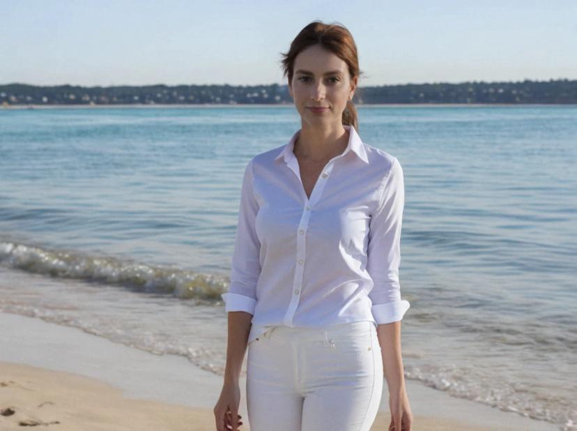 wide portrait photo of a beautiful caucasian woman with auburn hair standing at the beach, wearing a white buttoned shirt and white plain pants, calm sea in the background