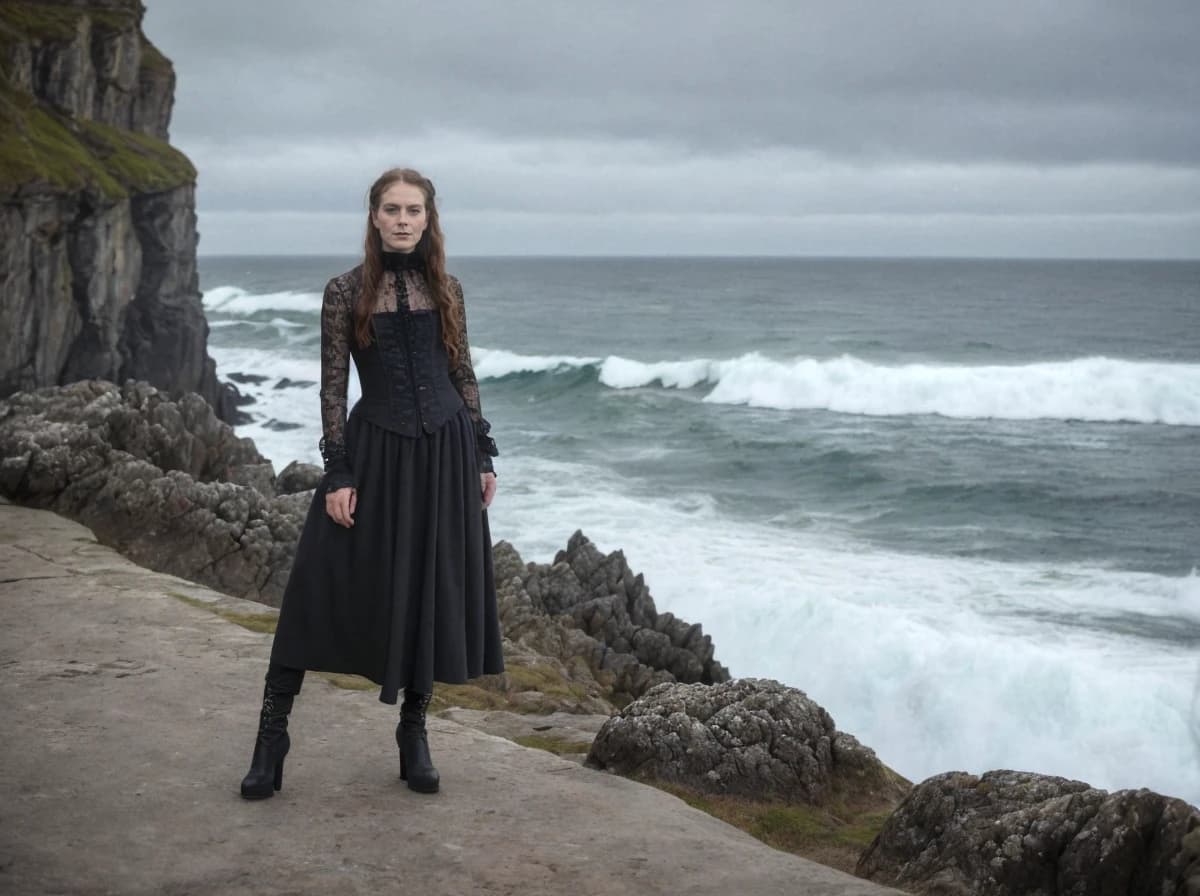 wide portrait photo of a caucasian woman with auburn hair posing near a sea cliff, wearing a black gothic corset dress with lace sleeves, wavy sea and overcast sky in the background