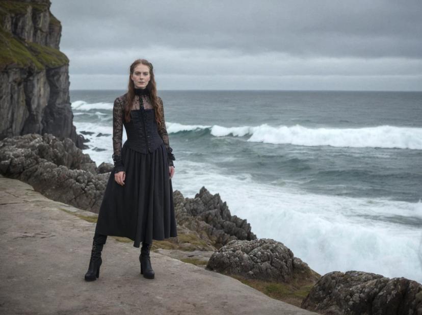 wide portrait photo of a caucasian woman with auburn hair posing near a sea cliff, wearing a black gothic corset dress with lace sleeves, wavy sea and overcast sky in the background