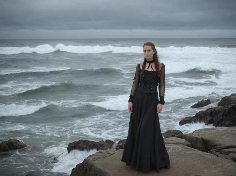 wide portrait photo of a caucasian woman with auburn hair standing on a beach rock, wearing a long black gothic dress with lace sleeves, wavy sea and overcast sky in the background