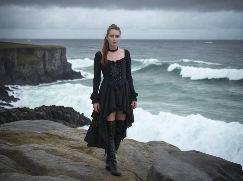 wide portrait photo of a caucasian woman with auburn hair standing on a sea cliff, wearing a black high-low gothic sleeved dress and high boots, wavy sea and overcast sky in the background
