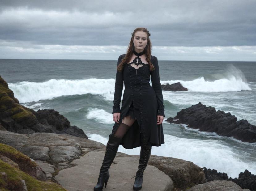 wide portrait photo of a caucasian woman with auburn hair standing on a sea cliff, wearing a high-low black gothic sleeved dress and high boots, wavy sea and overcast sky in the background