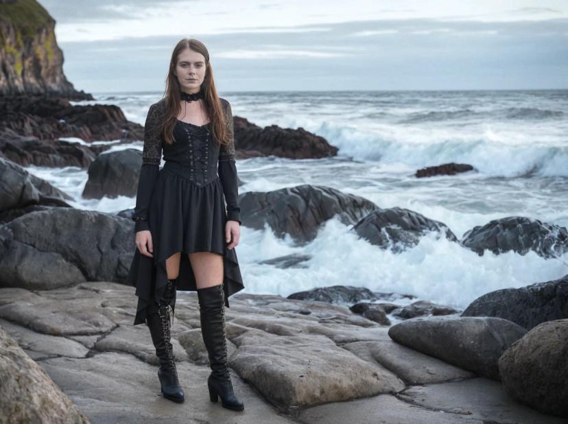 wide portrait photo of a caucasian woman with auburn hair standing on a beach rock, wearing a black high-low gothic sleeved dress and high boots, wavy sea and overcast sky in the background