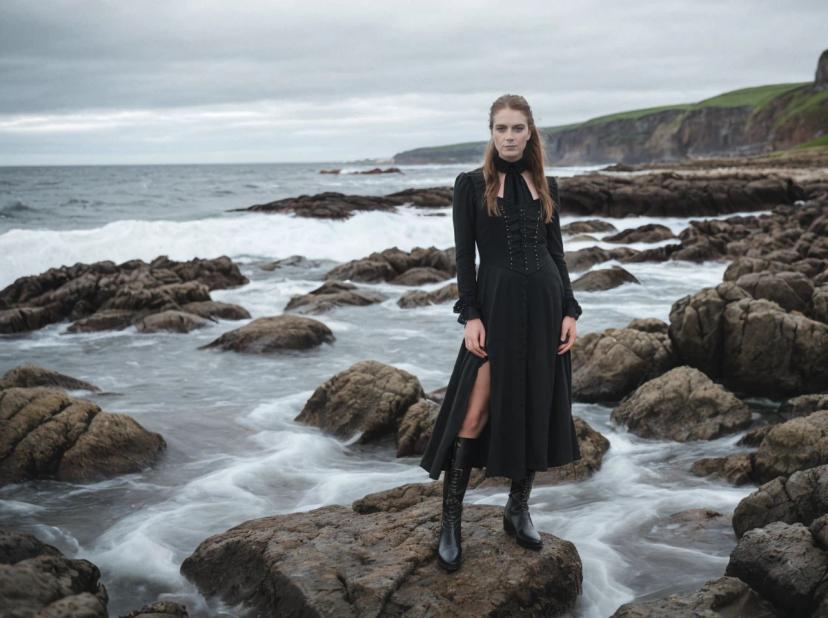 wide portrait photo of a caucasian woman with auburn hair standing on a beach rock, wearing a black gothic sleeved dress and boots, wavy sea and overcast sky in the background