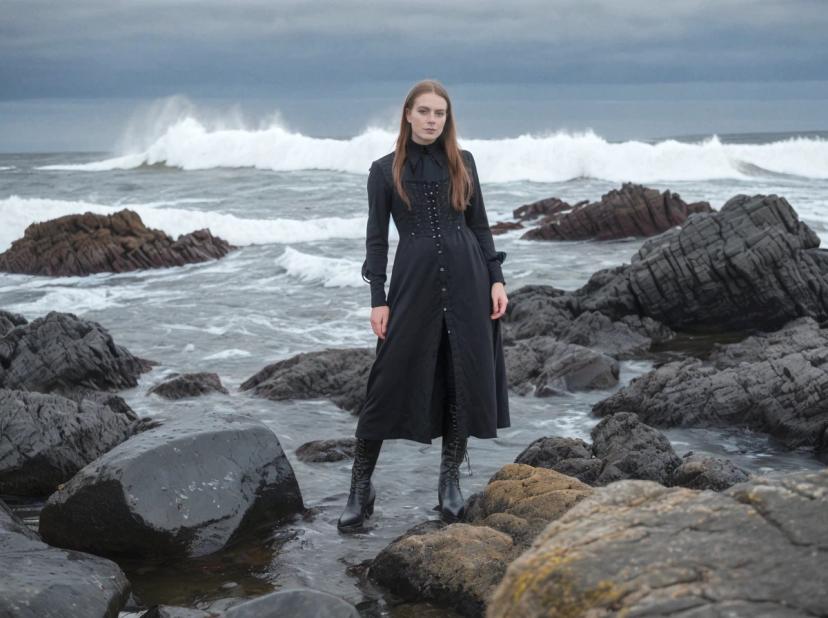 wide portrait photo of a caucasian woman with auburn hair standing on a rocky beach shore, wearing a black gothic sleeved dress and boots, wavy sea and overcast sky in the background