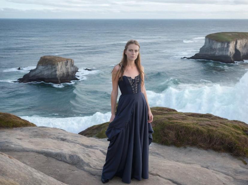 wide portrait photo of a caucasian woman with auburn hair standing on a sea cliff, wearing a long delicate dark strapless dress, wavy sea and overcast sky in the background