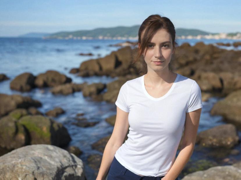 wide portrait photo of a beautiful caucasian woman with dark hair standing on a rocky beach, wearing a simple white shirt, rocks and sea in the background