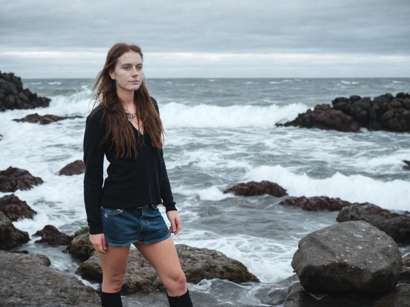 wide portrait photo of a caucasian woman with auburn hair standing on a rocky beach shore, wearing a black sleeved shirt, denim shorts, and boots, wavy sea and overcast sky in the background