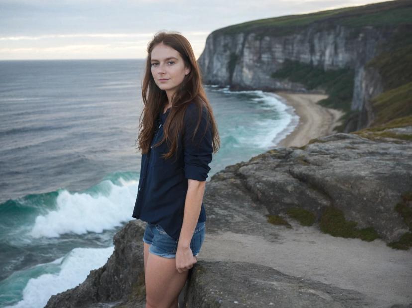 wide portrait photo of a caucasian woman with auburn hair standing on a sea cliff, wearing a dark shirt and denim shorts, wavy sea shore in the background