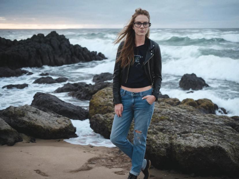 wide portrait photo of a caucasian woman with messy auburn hair posing on a rocky beach, wearing a black jacket over a black shirt, ripped jeans, and glasses, furious sea in the background
