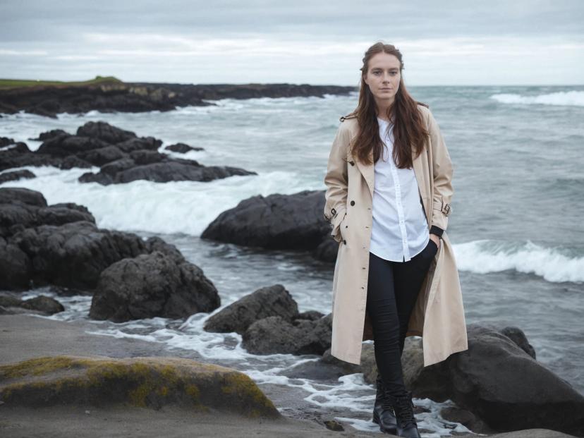 wide portrait photo of a caucasian woman with auburn hair posing on a rocky beach, wearing a beige trench coat over a white shirt, black pants, and black boots, sea in the background