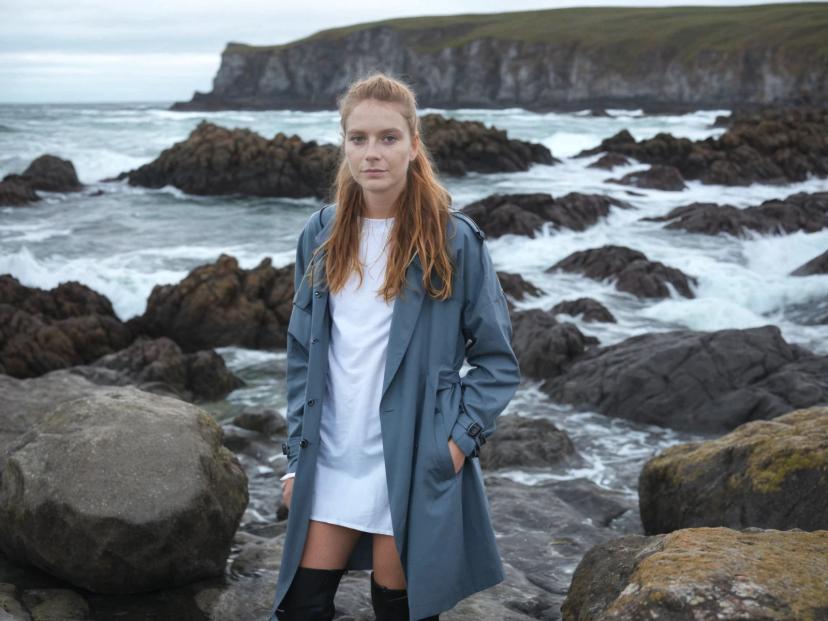 wide portrait photo of a caucasian woman with strawberry blonde hair posing on a rocky beach, wearing a deep teel trench coat over a long white shirt, and black boots, sea in the background