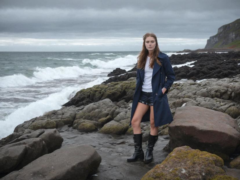 wide portrait photo of a caucasian woman with strawberry blonde hair standing on a rocky beach, wearing a blue trench coat over a white shirt, shorts, and black boots, wavy sea in the background