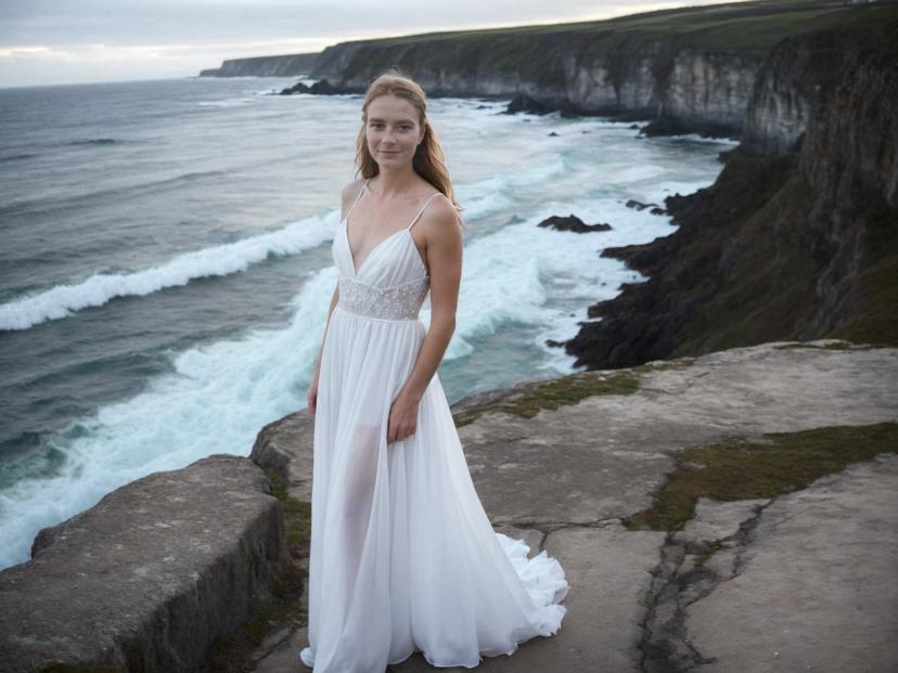 wide portrait photo of a caucasian woman with strawberry blonde hair standing on a sea cliff, wearing a beautiful flowing chiffon white dress, wavy sea in the background