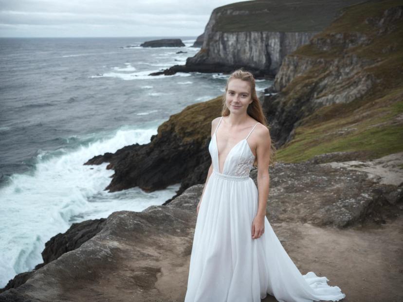 wide portrait photo of a caucasian woman with strawberry blonde hair standing on a sea cliff, wearing a beautiful deep-V chiffon white dress, wavy sea in the background