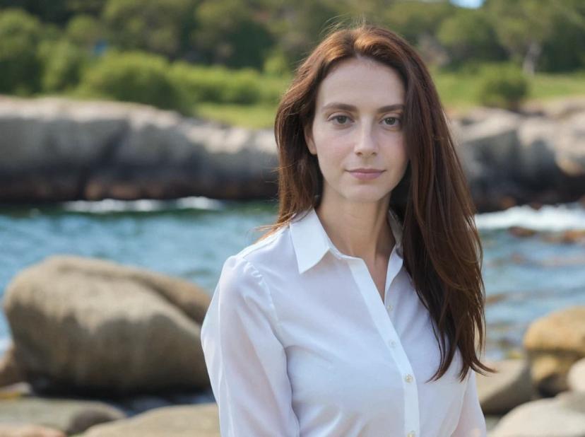 wide portrait photo of a beautiful caucasian woman with auburn hair standing on a rocky beach, wearing a buttoned white shirt, rocks and sea in the background
