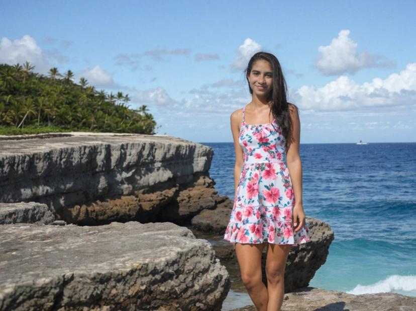 wide portrait photo of a latina woman with long dark hair standing on a sea cliff, wearing a beautiful floral summer dress, sea in the background