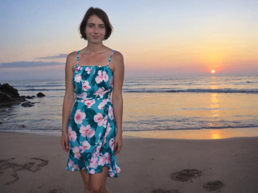 wide portrait photo of a caucasian woman with short hair standing on a beach, wearing a beautiful floral summer dress, sea sunset in the background