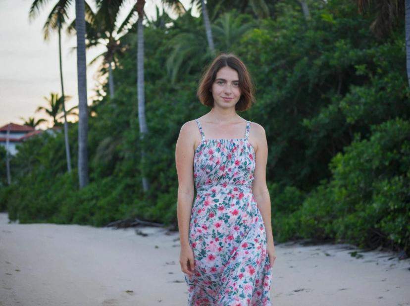 wide portrait photo of a caucasian woman with short hair standing on a beach, wearing a beautiful floral summer dress, palm trees and vegetation in the background