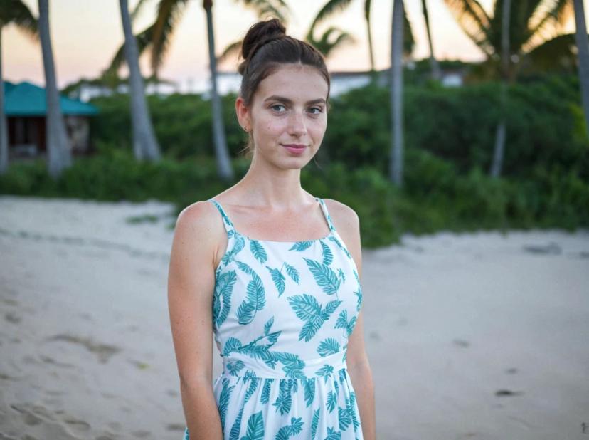 wide portrait photo of a caucasian woman with a hair bun standing on a beach, wearing a beautiful pattern dress, palm trees and vegetation in the background