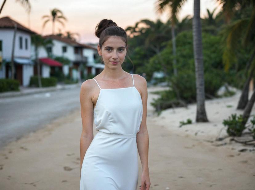 wide portrait photo of a caucasian woman with a hair bun standing on a beach town, wearing a beautiful plain white dress, palm trees, vegetation, and houses in the background