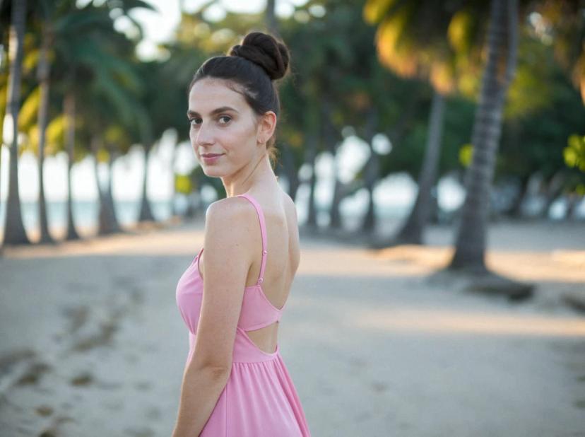 wide portrait photo of a caucasian woman with a hair bun standing on a beach, side view, wearing a plain pink dress with an open back, palm trees in the background