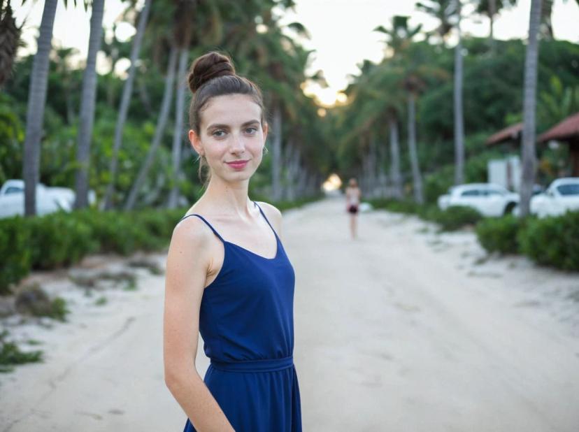 wide portrait photo of a caucasian woman with a hair bun standing on a beach path, wearing a plain blue dress, palm trees in the background