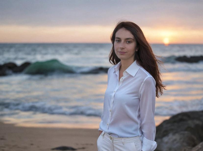 wide portrait photo of a beautiful caucasian woman with dark hair standing on a beach, wearing a buttoned white shirt, sea sunset in the background