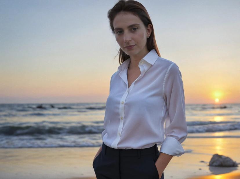 wide portrait photo of a beautiful caucasian woman with dark hair standing on a beach, wearing a buttoned white shirt and dark pants, sea sunset in the background