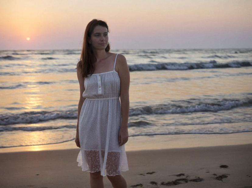 wide portrait photo of a beautiful caucasian woman with dark hair standing on a beach, wearing a white lace dress, sea sunset in the background