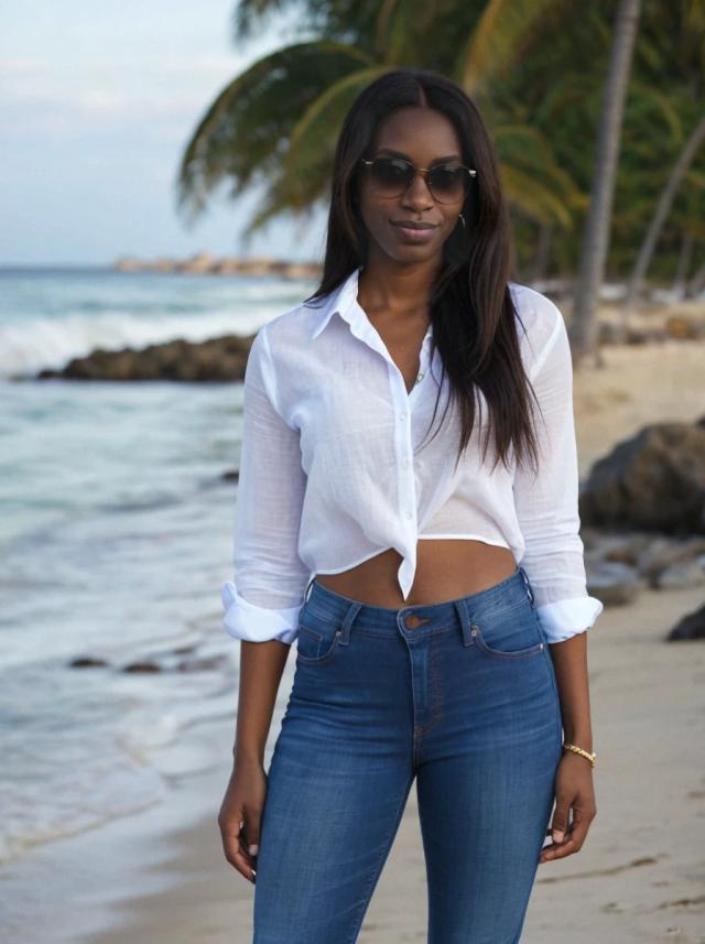 portrait photo of a black woman standing at the beach, wearing a white shirt, jeans, and sunglasses, looking at the camera