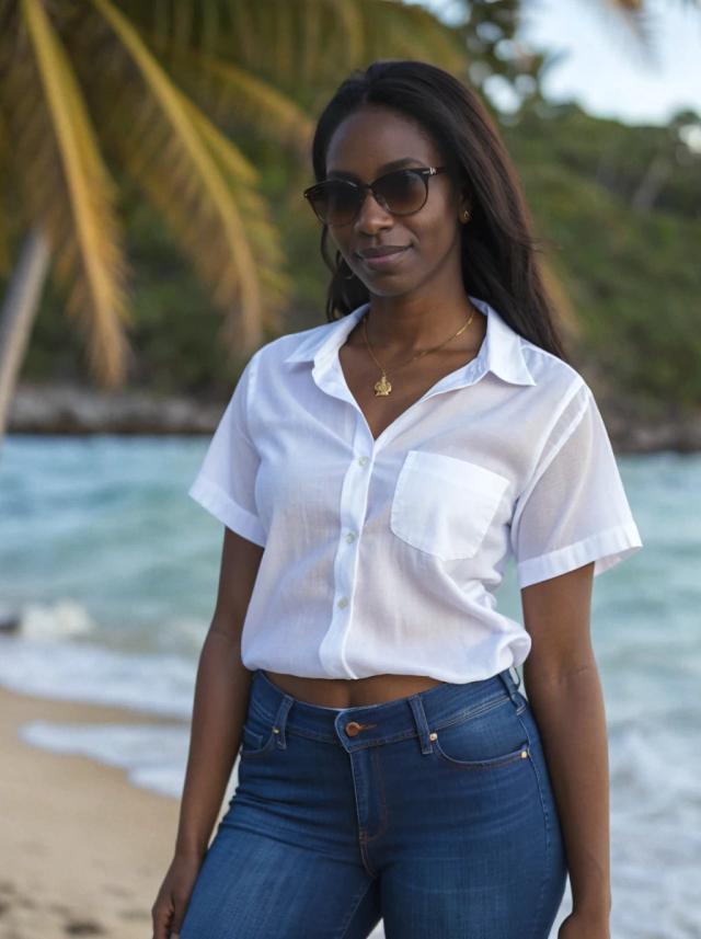 portrait photo of a black woman posing at the beach, wearing a white shirt, jeans, a necklace, and sunglasses, slightly angled