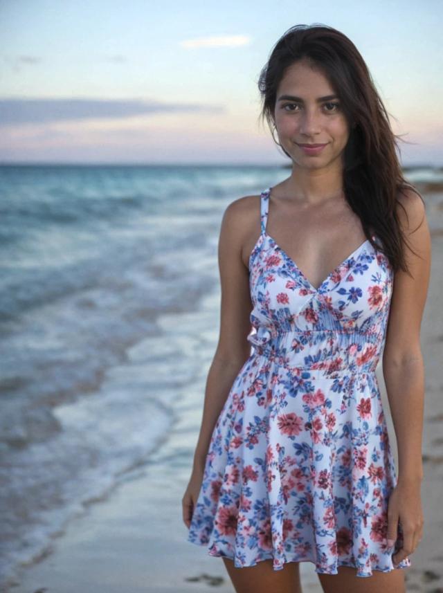 portrait photo of a brunette latina woman standing at the beach, wearing a cute floral summer dress