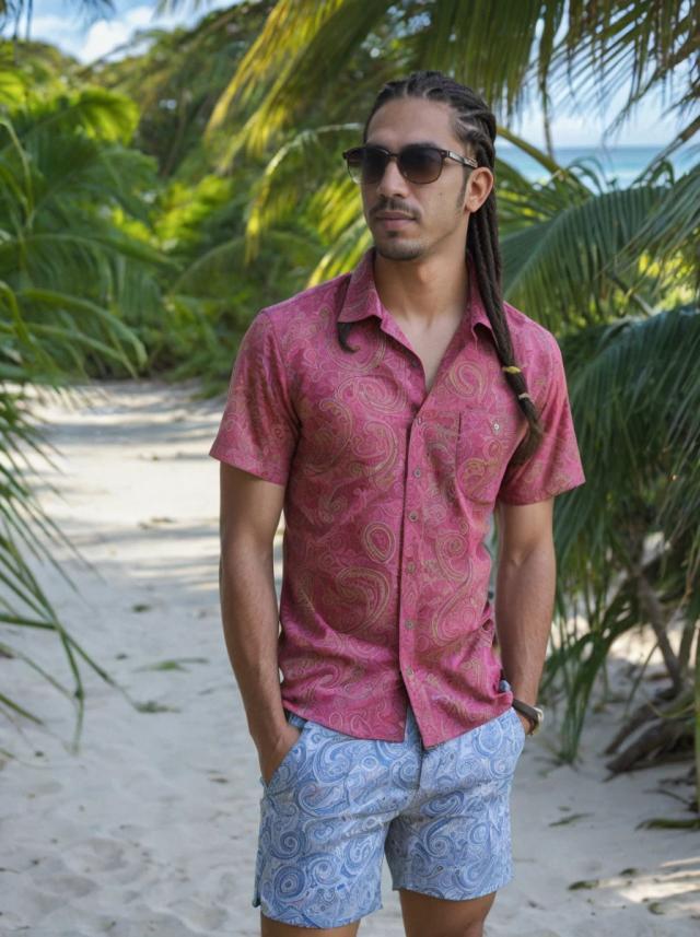 portrait photo of a latino man with dreadlocks standing at a tropical beach, wearing a paisley shirt and shorts, with sunglasses