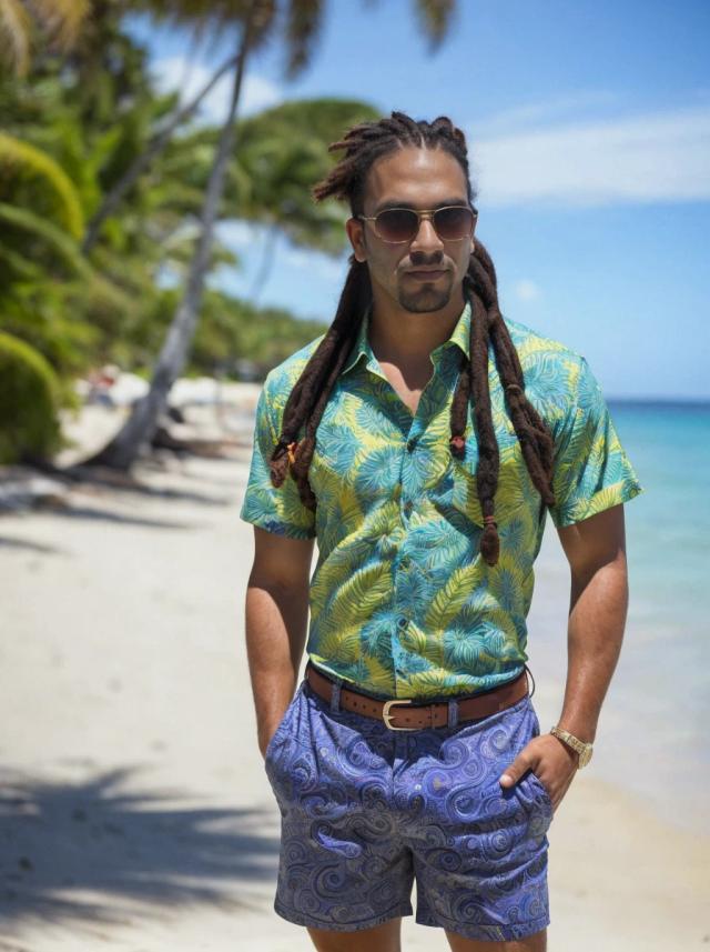 portrait photo of a latino man with dreadlocks standing at a tropical beach, wearing a paisley shirt and shorts, with sunglasses