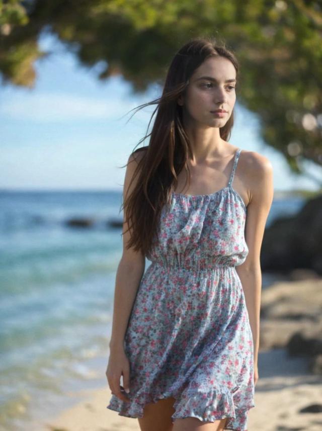 portrait photo of a slender woman standing at the beach, wearing a cute floral summer dress, looking away