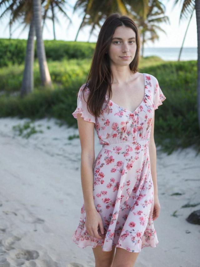portrait photo of a slender woman standing at the beach, wearing a cute floral summer dress, looking at the camera