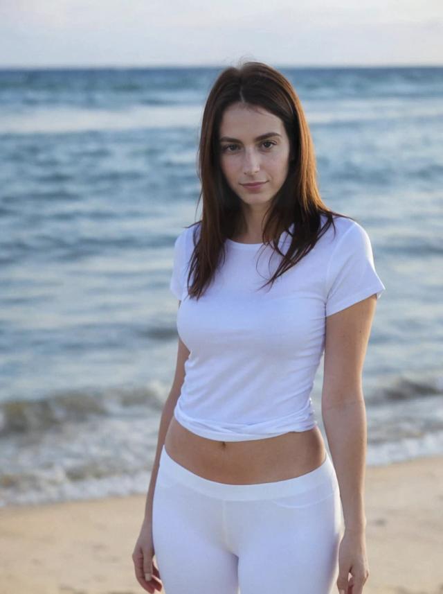 portrait photo of a woman standing at the beach, wearing a white shirt and pants, looking at the camera