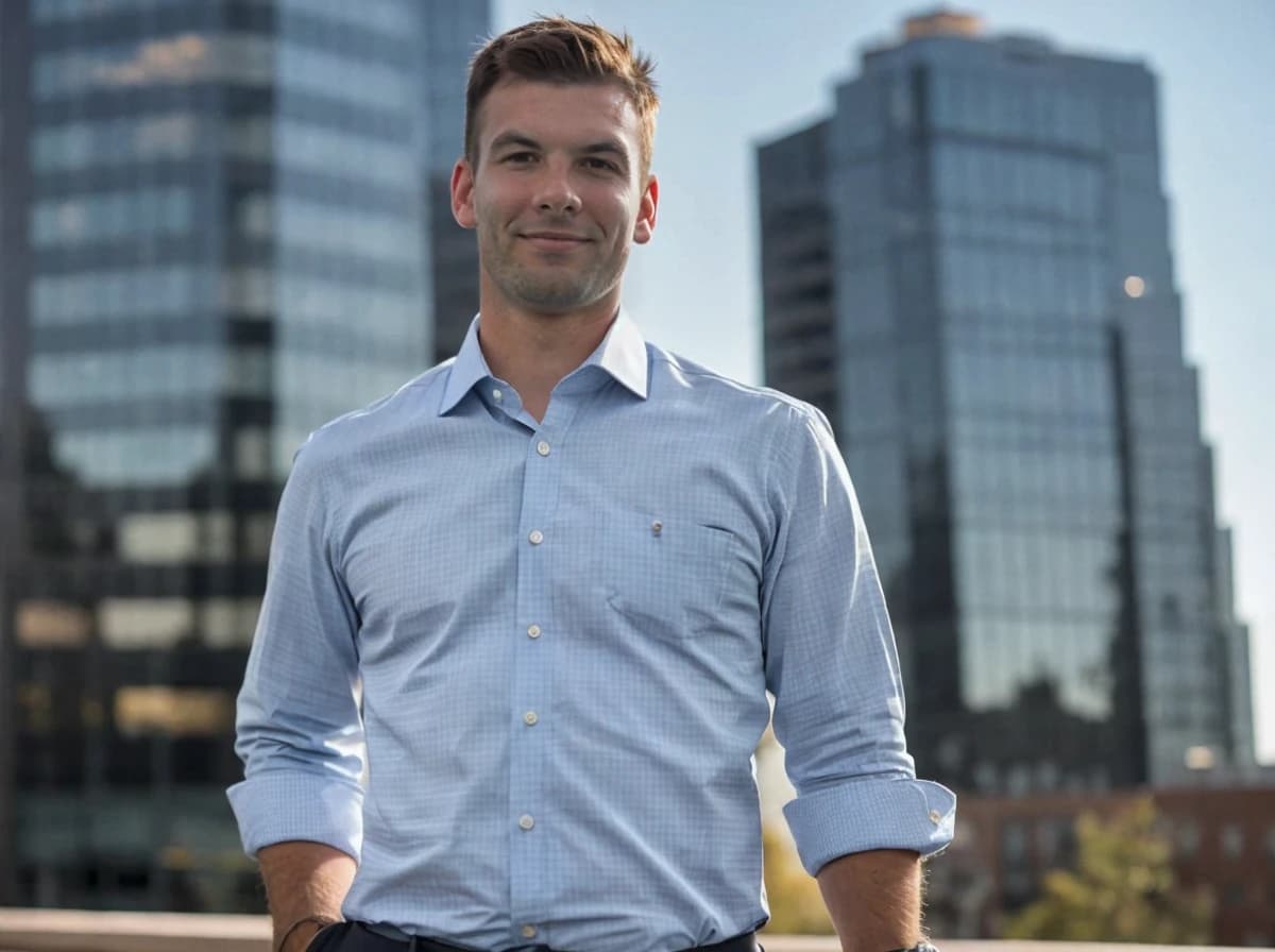 professional photo of a young man with a confident expression, standing outdoors against modern office buildings. He is wearing a rolled-up gingham business shirt
