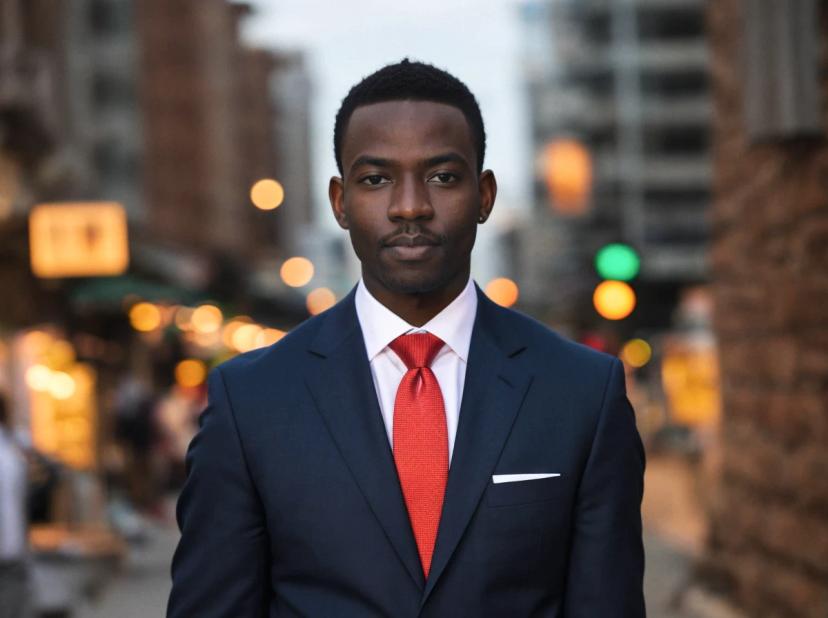 professioanl headshot of a young black man with short hair standing with a confident expression in a city with lights in the background. He is wearing a navy suit and a bright red tie