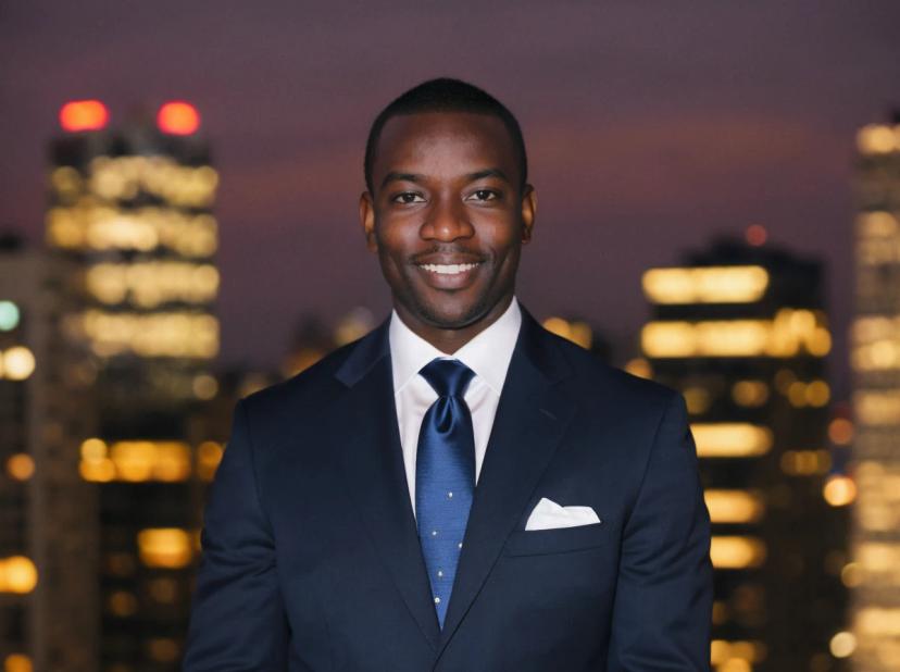 professioanl headshot of a young black man with short hair smiling and standing against illuminated buildings at night. He is wearing a navy suit and a blue dotted tie