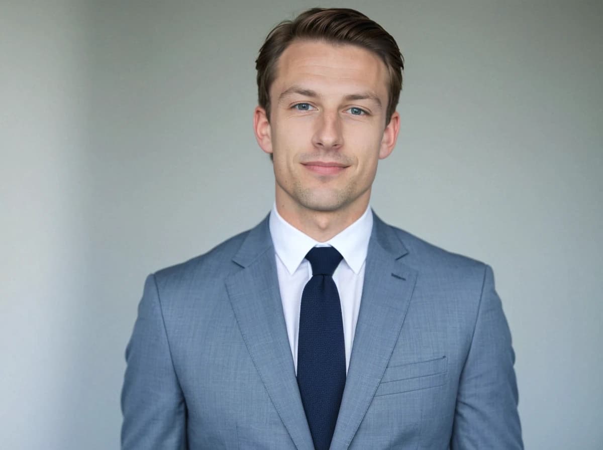 professioanl headshot of a handsome man with a slight smile standing against a solid off-white background. He is wearing a gray-blue suit and a navy tie