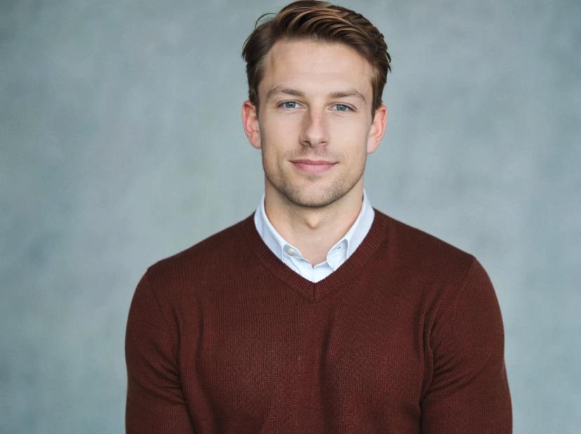 professioanl headshot of a handsome man with a slight smile standing against a solid gray background. He is wearing a brown sweater over a white business shirt