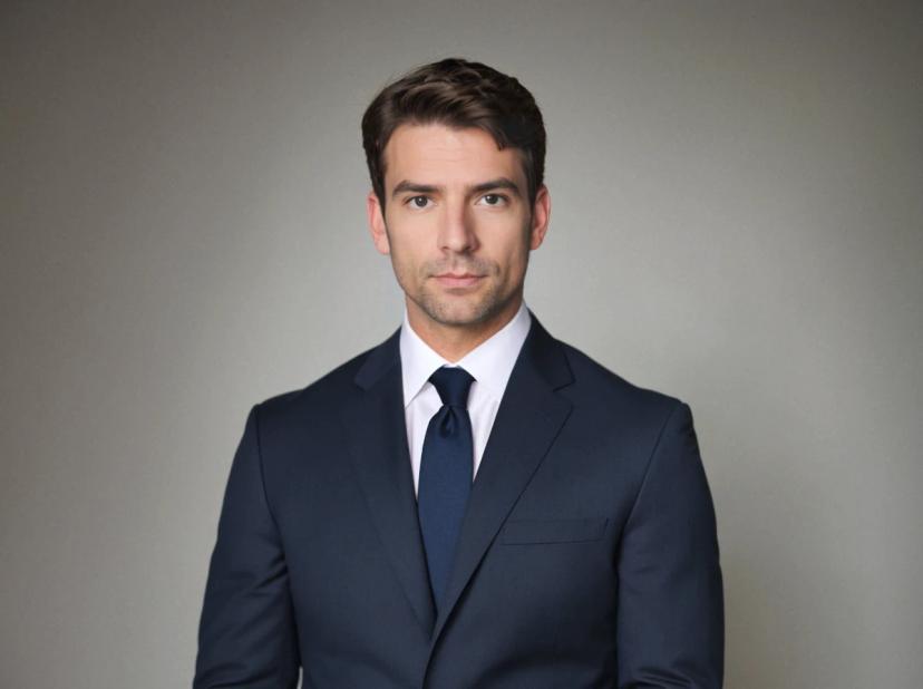 professioanl headshot of a caucasian man with a serious expression and dark eyes standing against a solid off-white background. He is wearing a navy suit and a blue tie