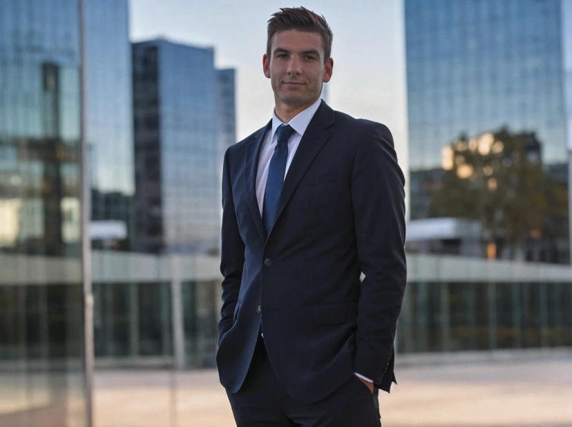 professional photo of a young man standing confidently against modern glass offices with his hands in his pockets. He is wearing a fitted navy suit, white shirt and a blue tie