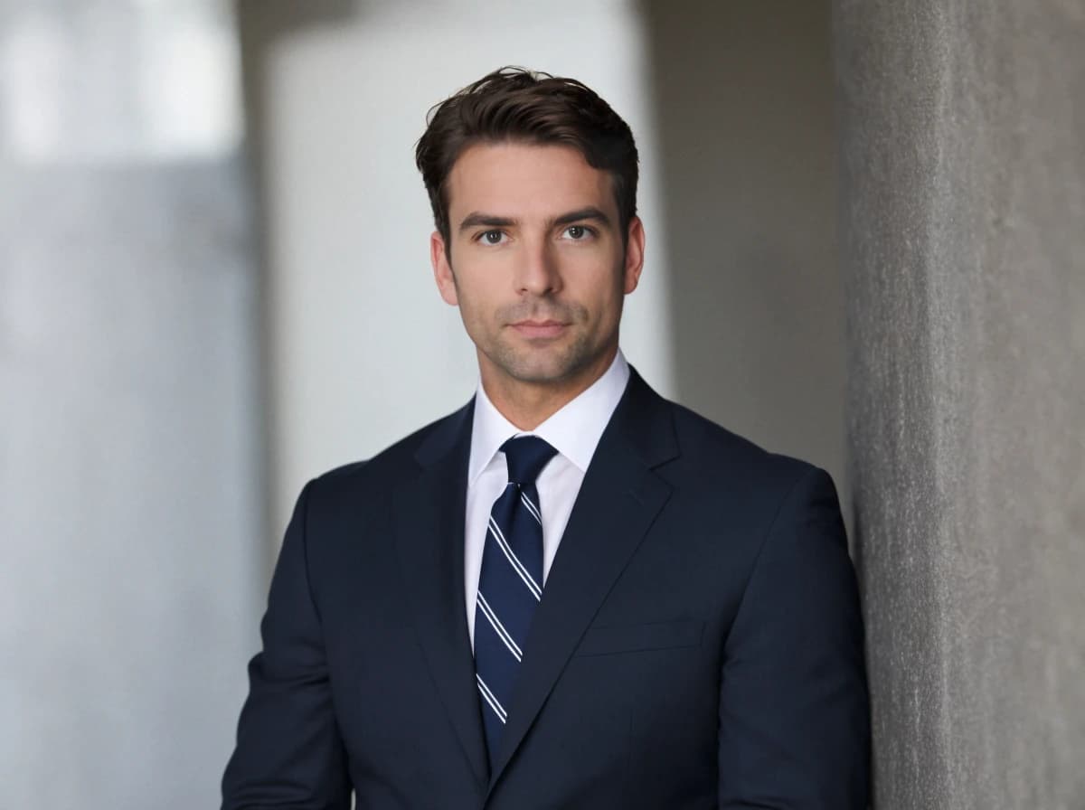 professioanl headshot of a caucasian man with a serious expression and dark eyes standing against a luminous white background and next to a wall. He is wearing a navy suit and a blue striped tie