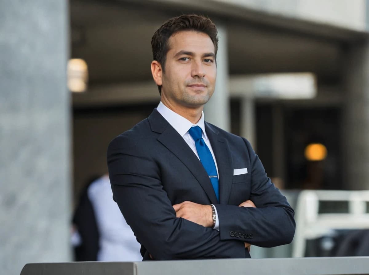 professioanl business photo of a middle aged man with a confident expression standing with his arms crossed. He is wearing a dark suit and a bright blue tie