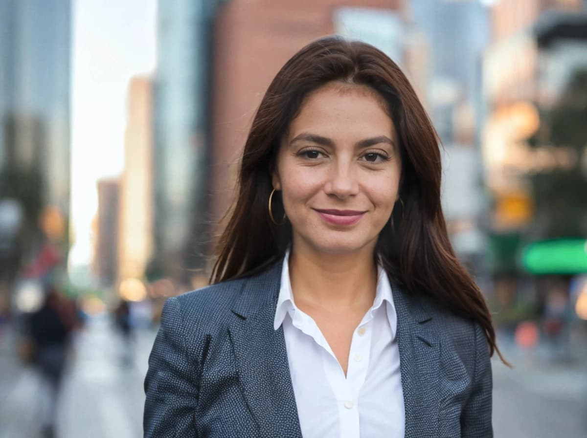 professioanl headshot of a pretty business woman with a slight smile, standing in a modern city street. She is wearing a pattern blazer, a white button-up shirt, and earrings