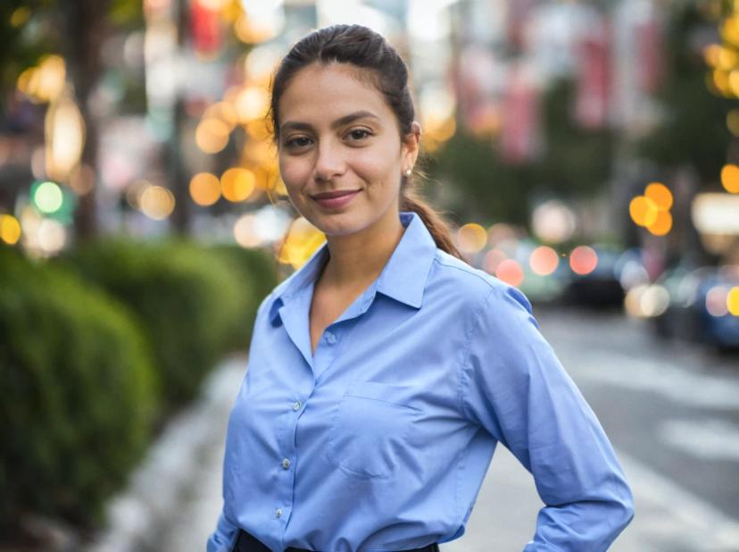 professioanl headshot of a pretty business woman with a slight smile and tied hair, standing in a vibrant city street with bokeh effect. She is wearing a light-blue button-up shirt